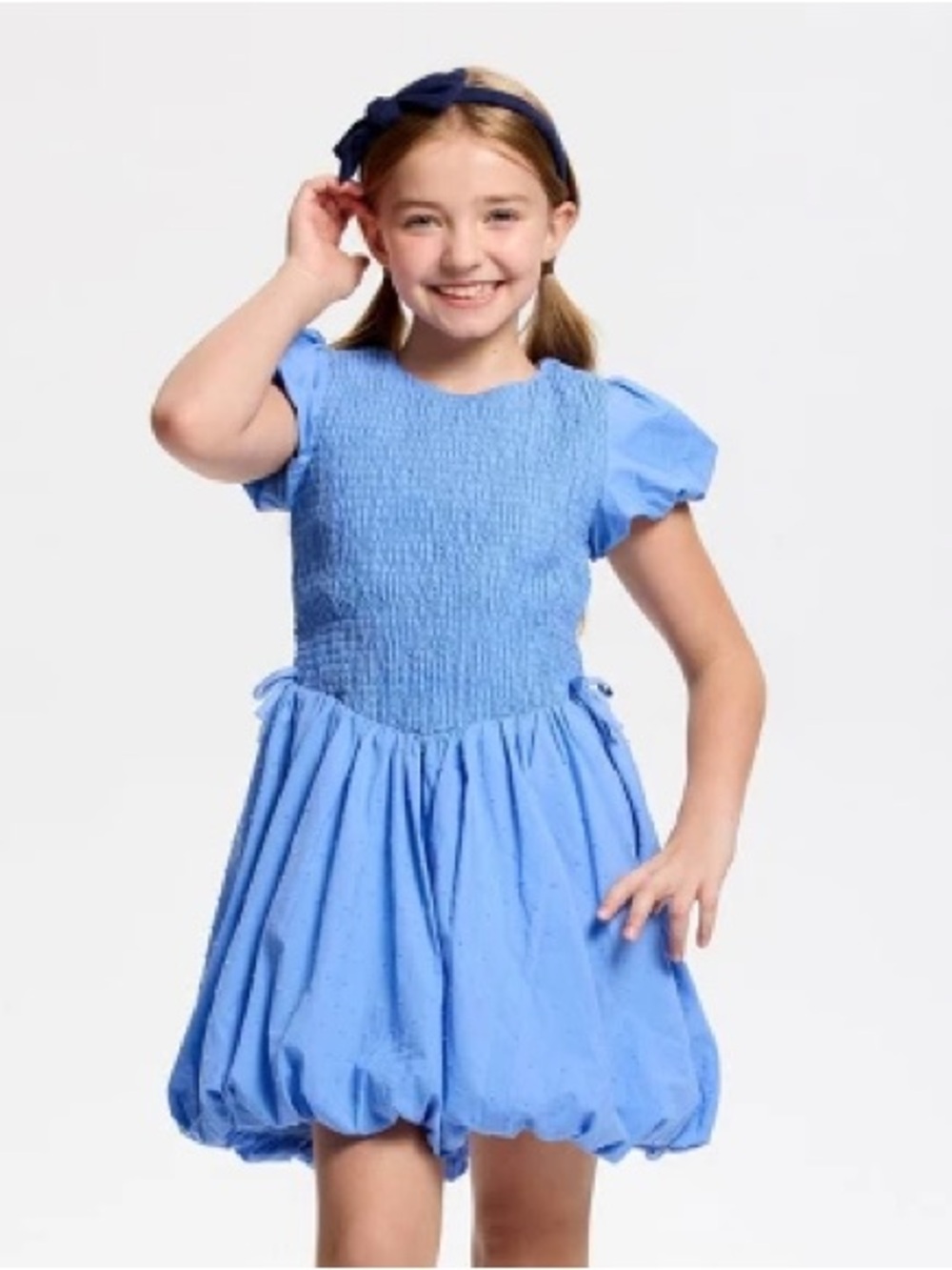 Girls Blue Smocked Puff-Sleeve Bubble Dress
